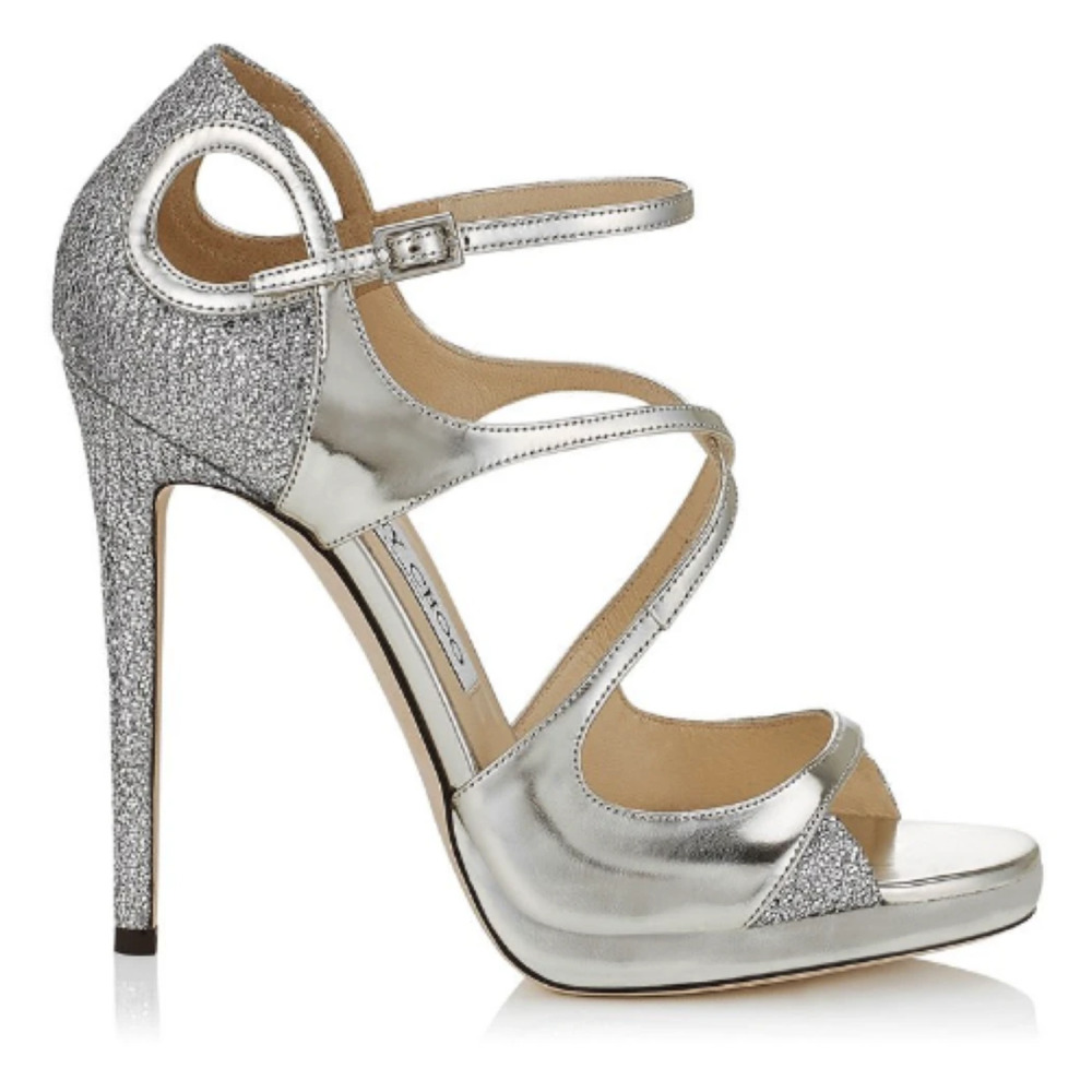 Jimmy Choo Fancie 120 Metallic Leather Stilettos Strappy Sandals Silver EU 40.5